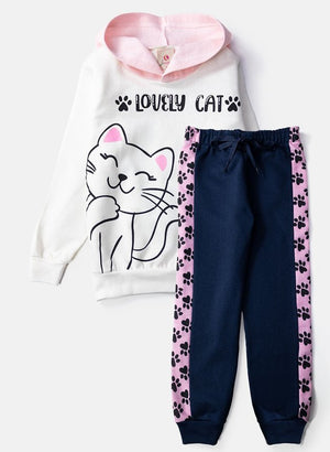 Conjunto Infantil Feminino Moletom com Capuz Lovely Cat Creme 493 - Lupilu