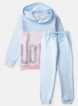 Conjunto Infantil Feminino Moletom com Capuz Recorte Love Azul Claro 0009 - Lupilu