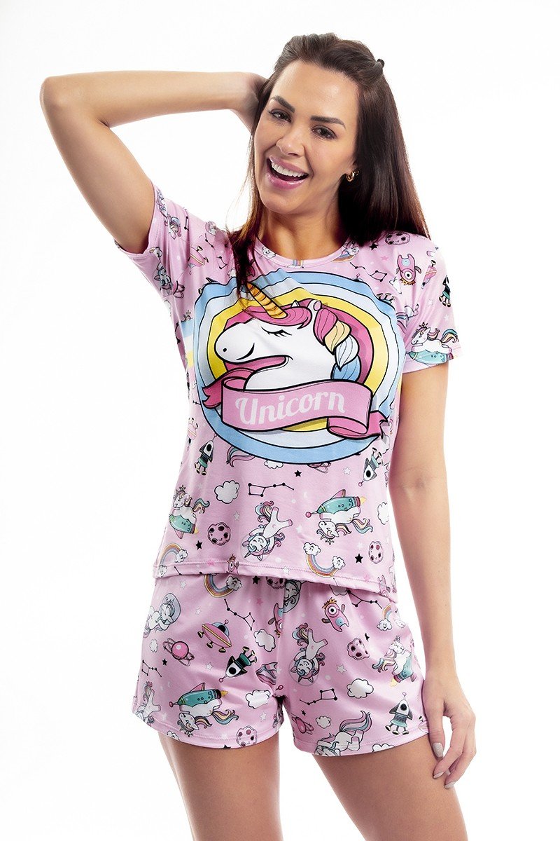 Pijama de Verão Adulto Feminino Peach Touch - Unicórnio Estelar