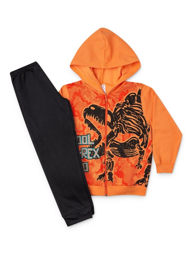 Conjunto Moletom Infantil Capuz e Zíper T-Rex 1054 Laranja