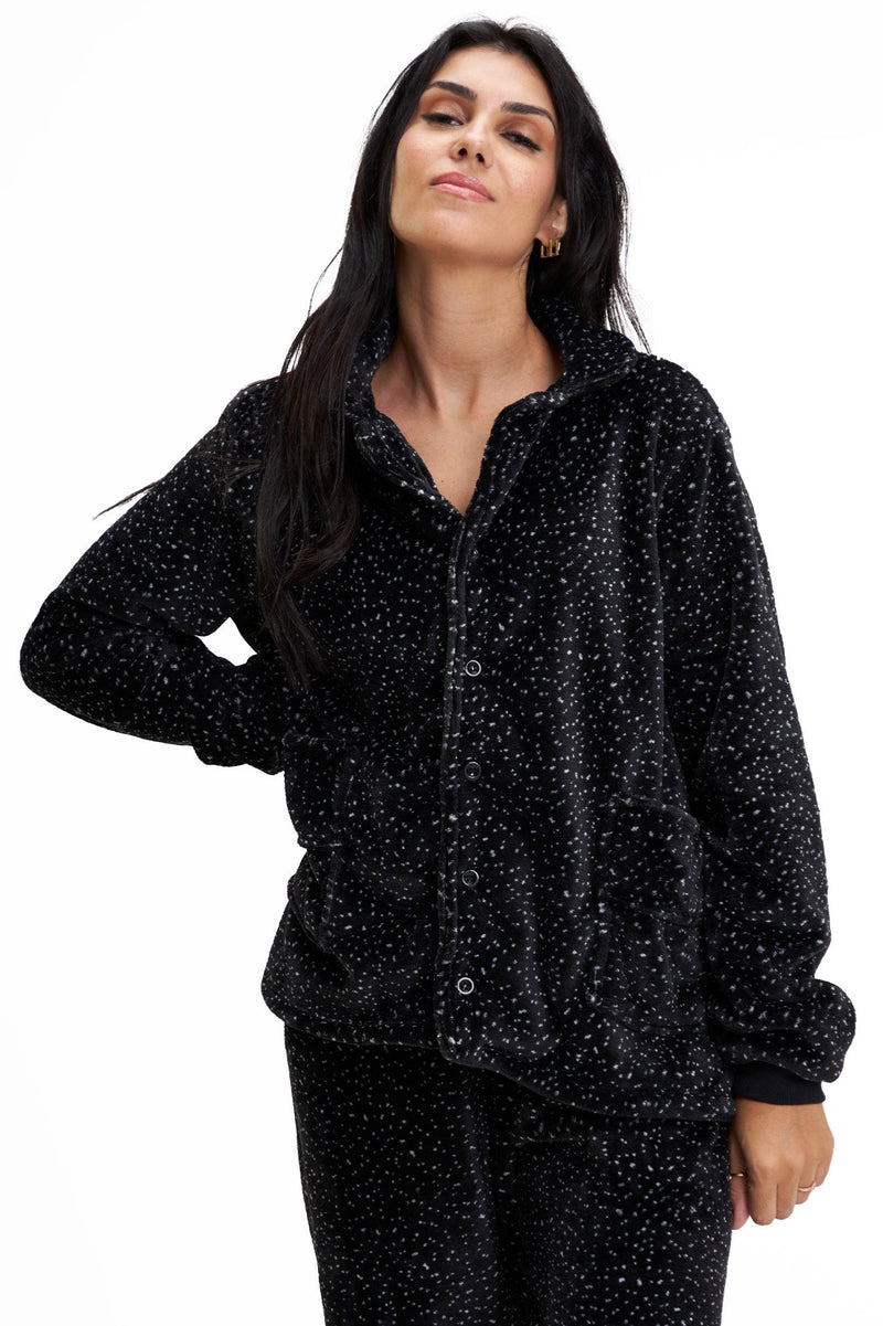Pijama Americano Adulto em Fleece Feminino com Bolso - Estrelado Preto
