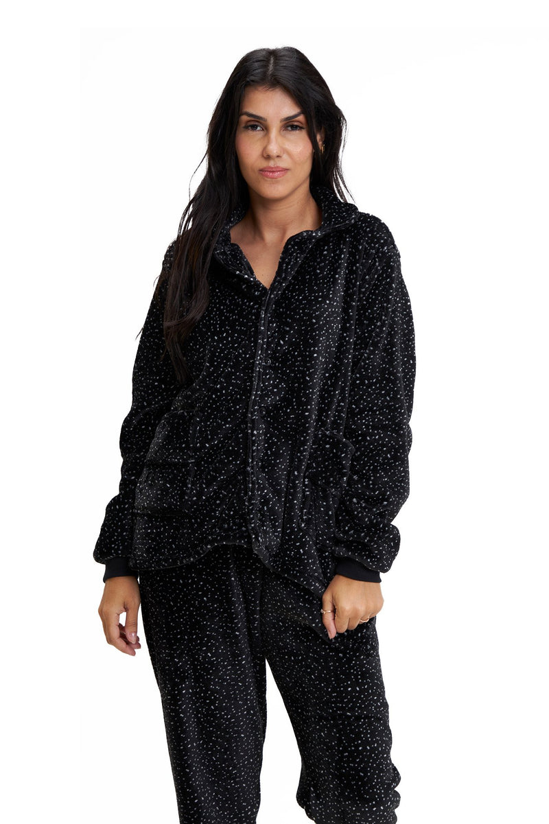 Pijama Americano Adulto em Fleece Feminino com Bolso - Estrelado Preto