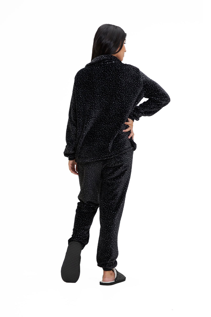Pijama Americano Adulto em Fleece Feminino com Bolso - Estrelado Preto
