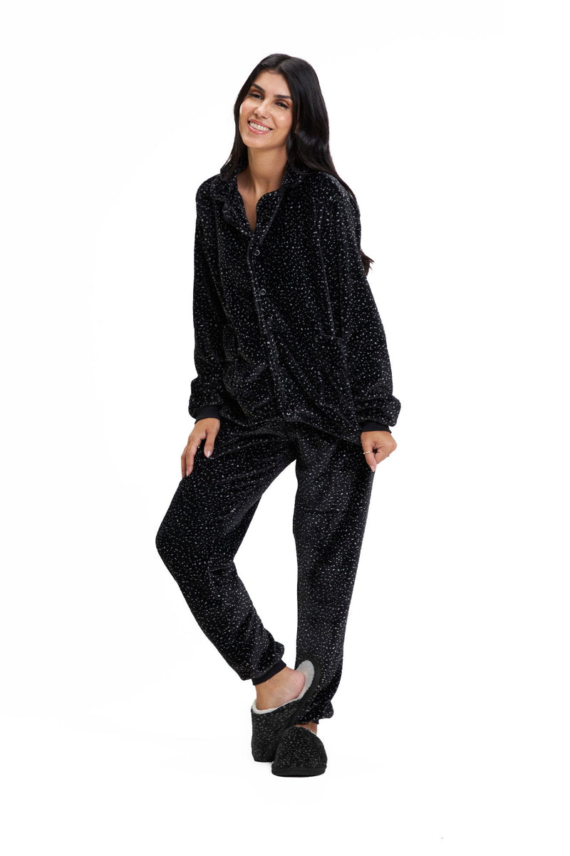 Pijama Americano Adulto em Fleece Feminino com Bolso - Estrelado Preto