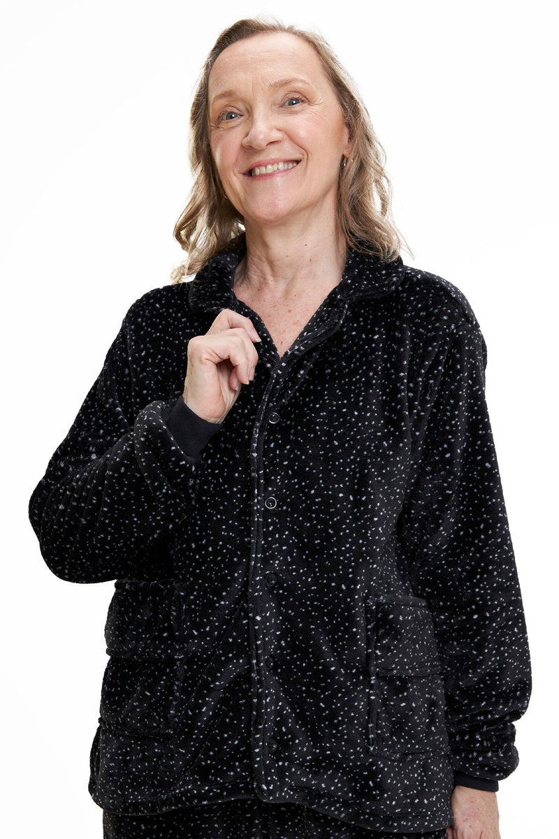 Pijama Americano Adulto em Fleece Feminino com Bolso - Estrelado Preto
