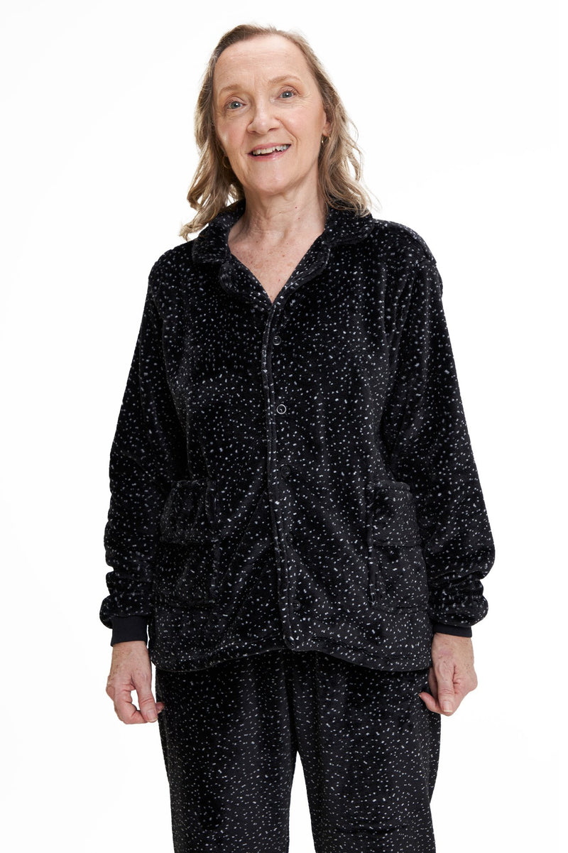 Pijama Americano Adulto em Fleece Feminino com Bolso - Estrelado Preto