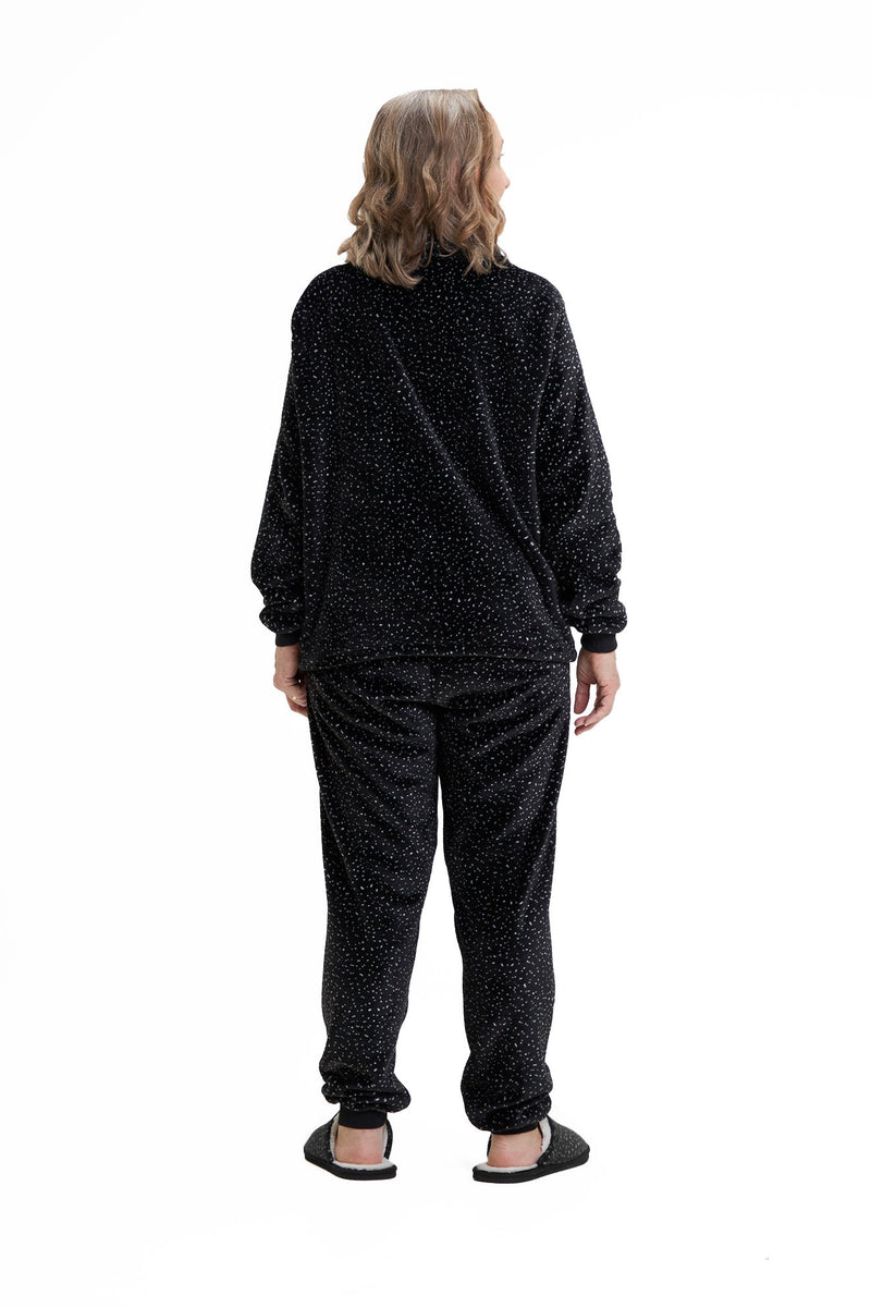Pijama Americano Adulto em Fleece Feminino com Bolso - Estrelado Preto