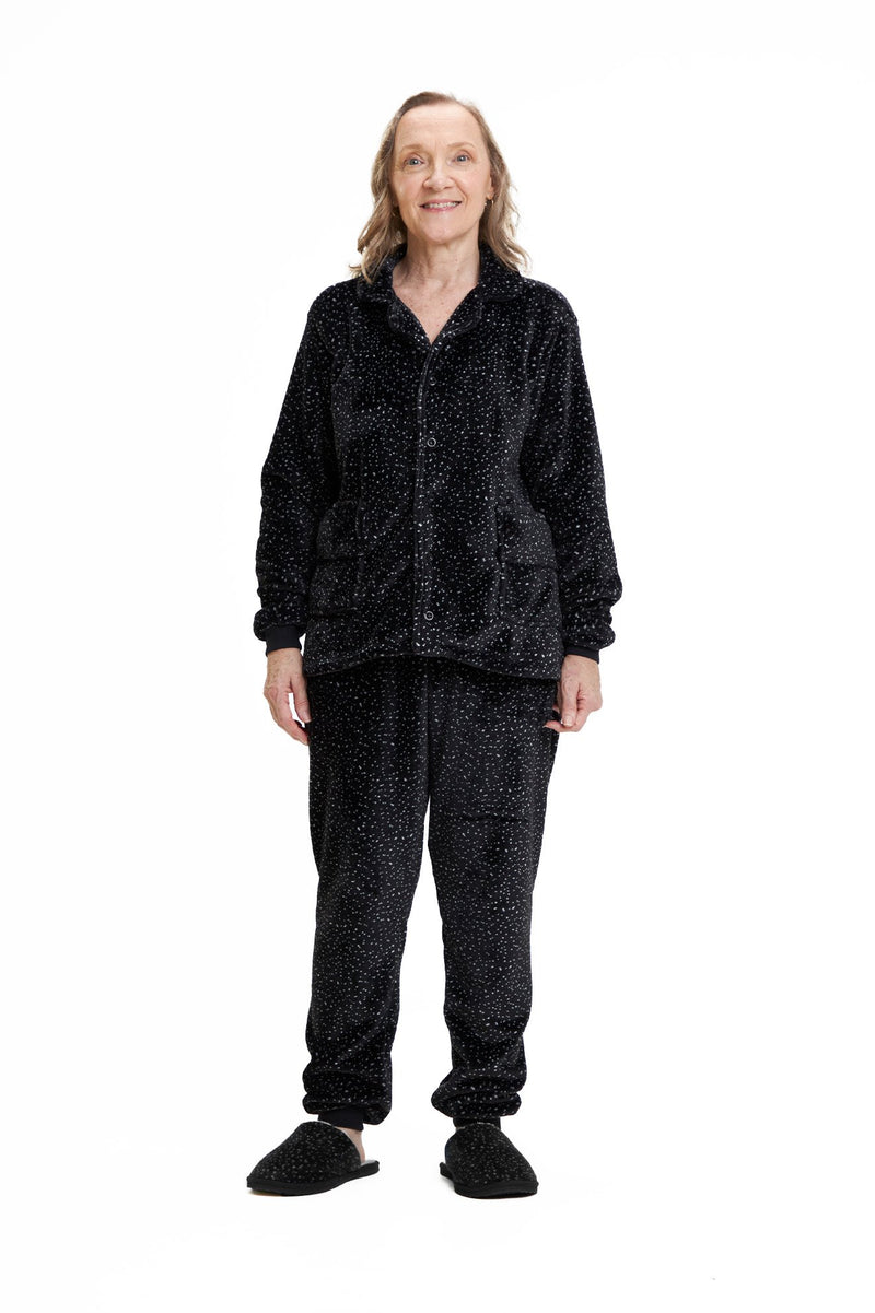 Pijama Americano Adulto em Fleece Feminino com Bolso - Estrelado Preto
