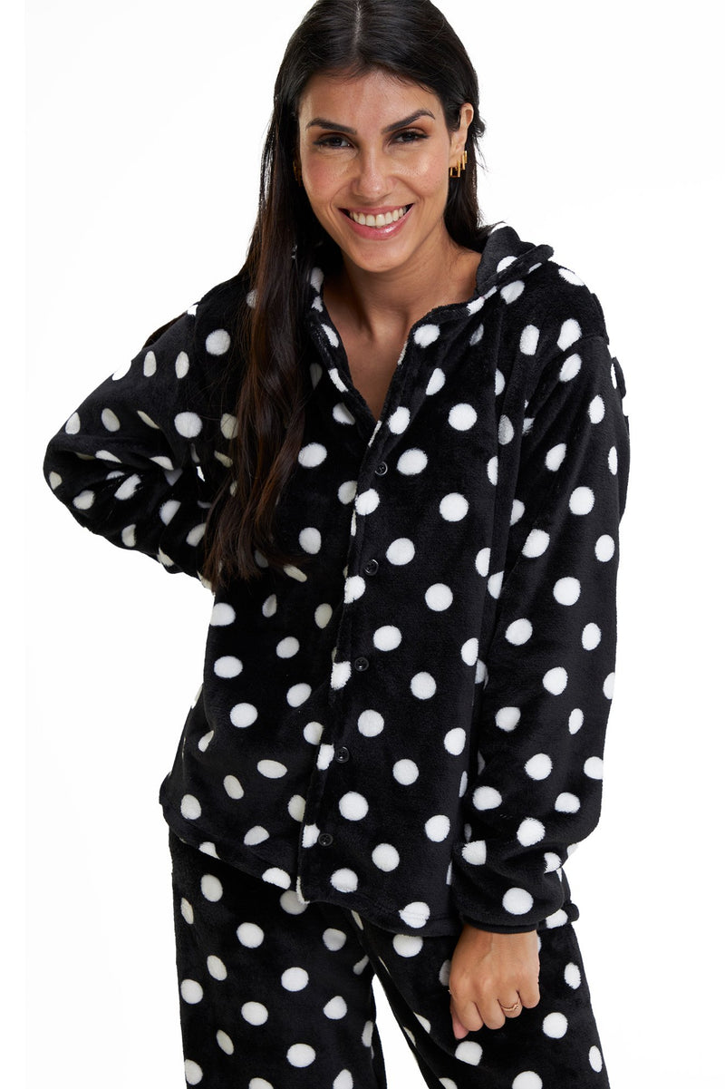 Pijama Americano Adulto em Fleece Feminino - Poá Preto