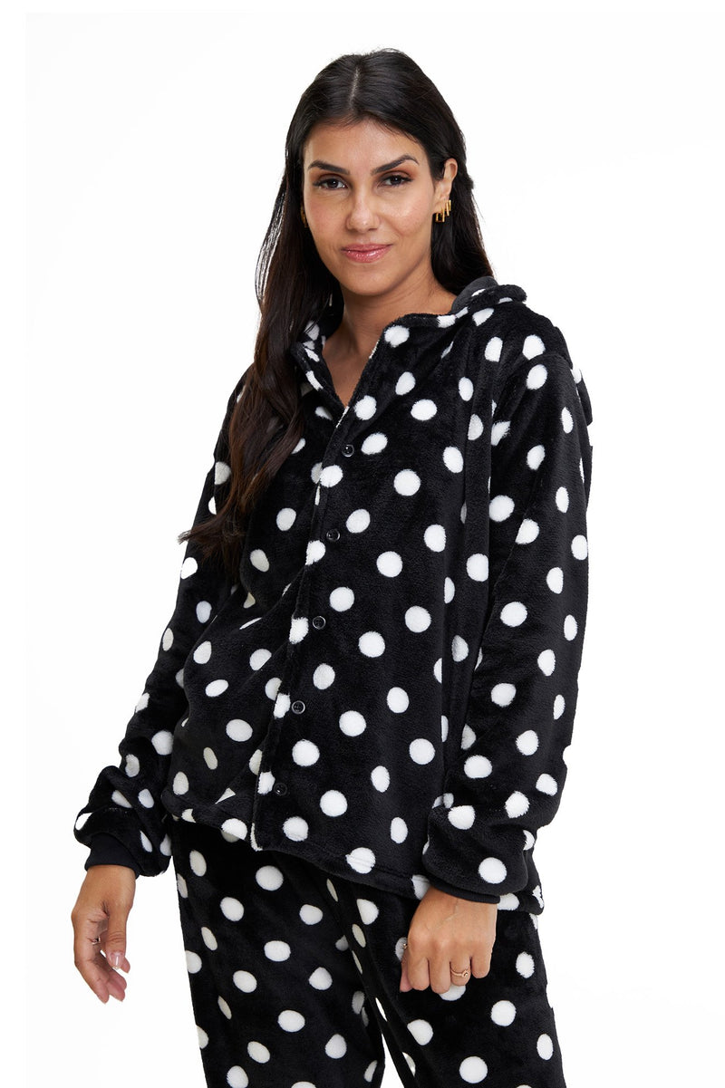 Pijama Americano Adulto em Fleece Feminino - Poá Preto