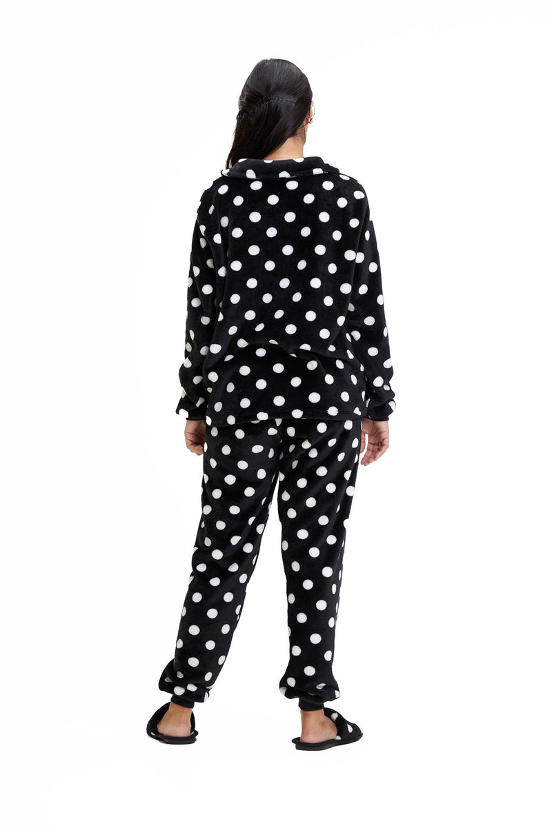 Pijama Americano Adulto em Fleece Feminino - Poá Preto