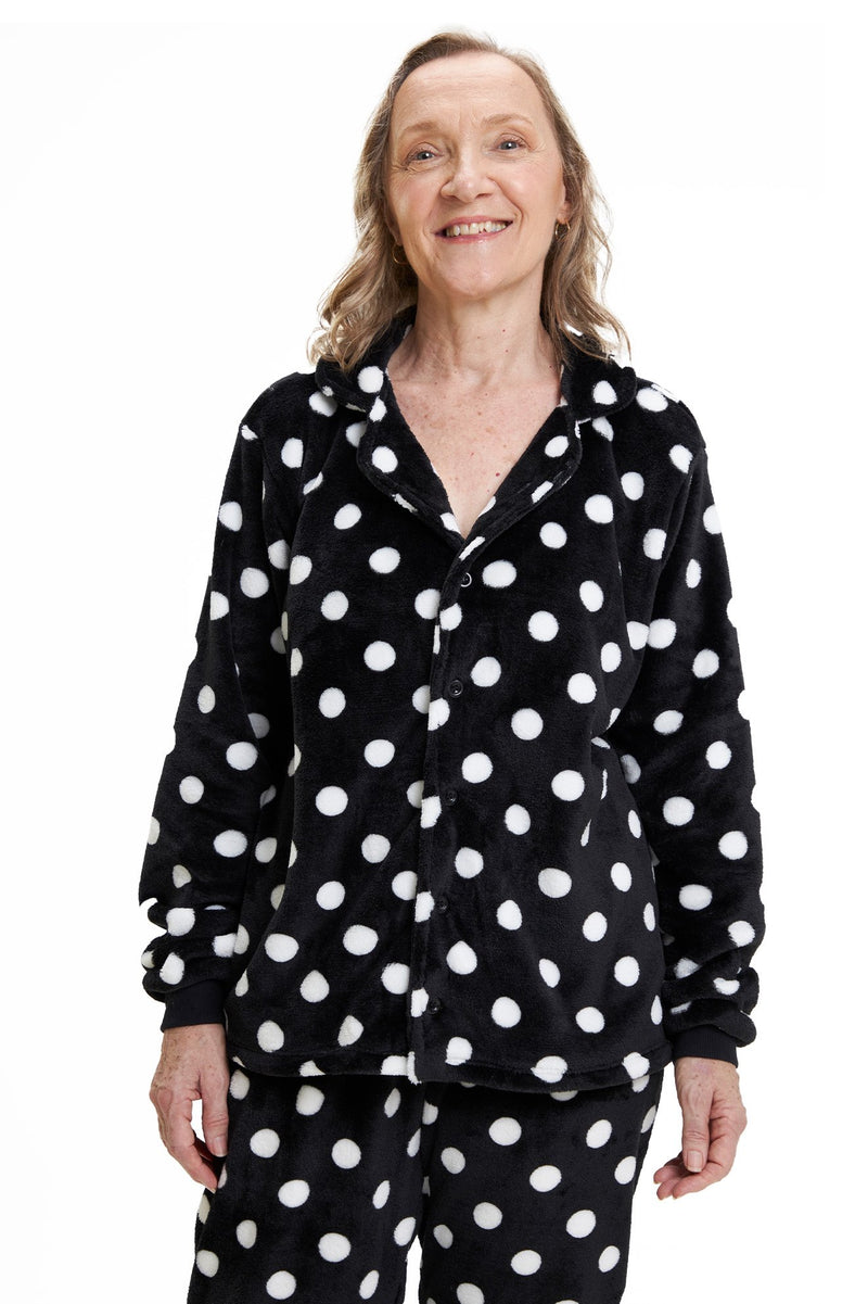 Pijama Americano Adulto em Fleece Feminino - Poá Preto