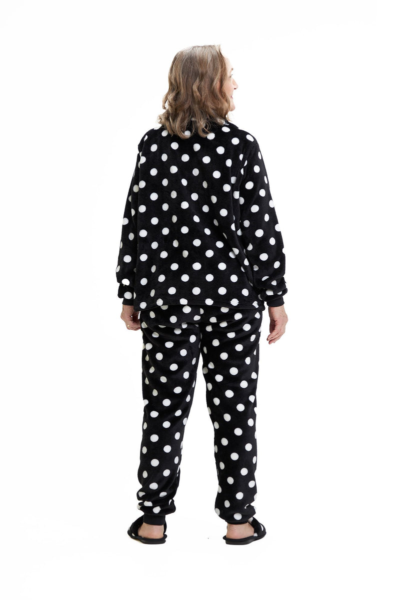 Pijama Americano Adulto em Fleece Feminino - Poá Preto