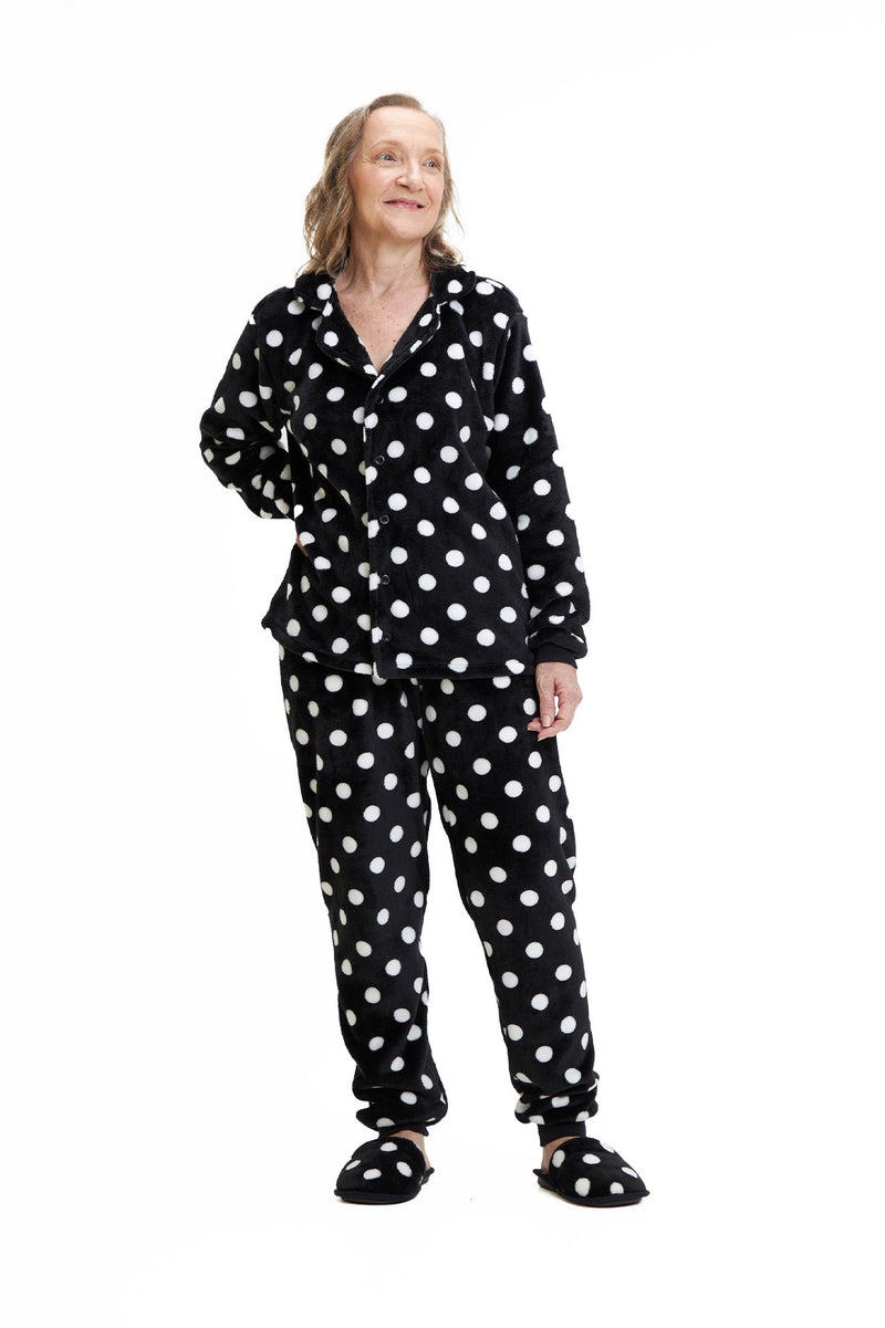 Pijama Americano Adulto em Fleece Feminino - Poá Preto