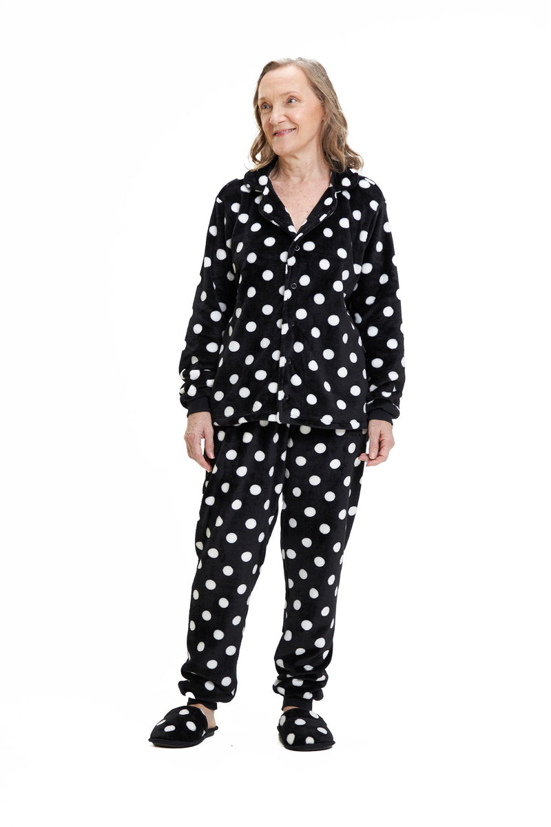 Pijama Americano Adulto em Fleece Feminino - Poá Preto