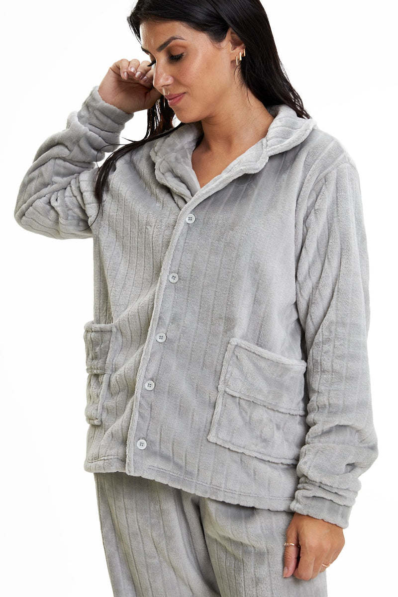 Pijama Americano Adulto em Fleece Feminino com Bolso - Canelado Cinza