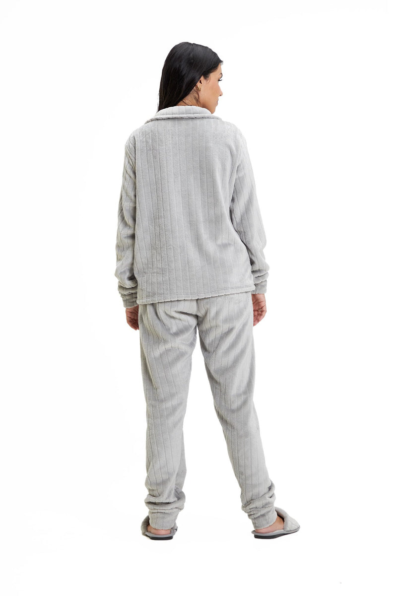 Pijama Americano Adulto em Fleece Feminino com Bolso - Canelado Cinza