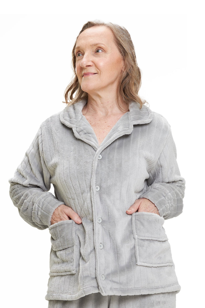 Pijama Americano Adulto em Fleece Feminino com Bolso - Canelado Cinza