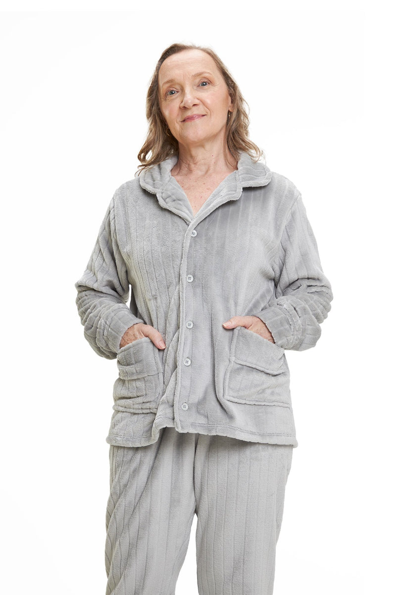 Pijama Americano Adulto em Fleece Feminino com Bolso - Canelado Cinza