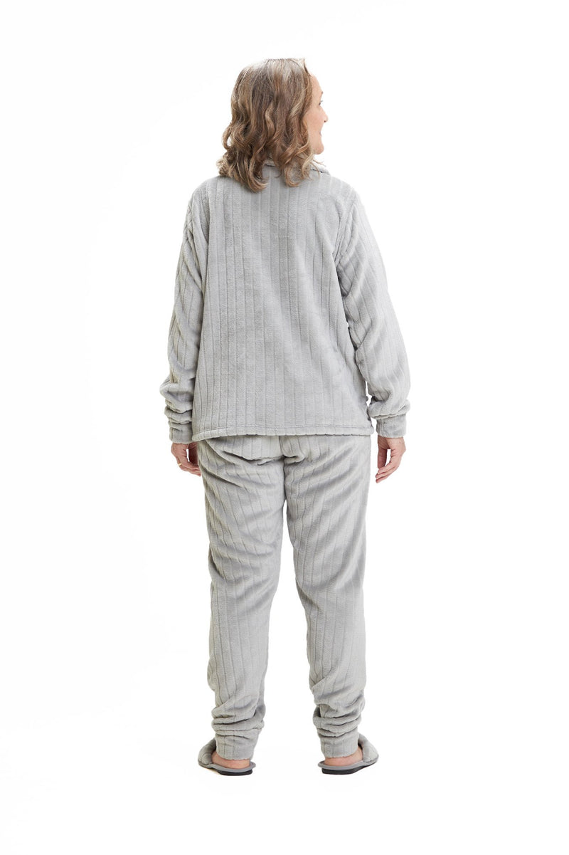 Pijama Americano Adulto em Fleece Feminino com Bolso - Canelado Cinza