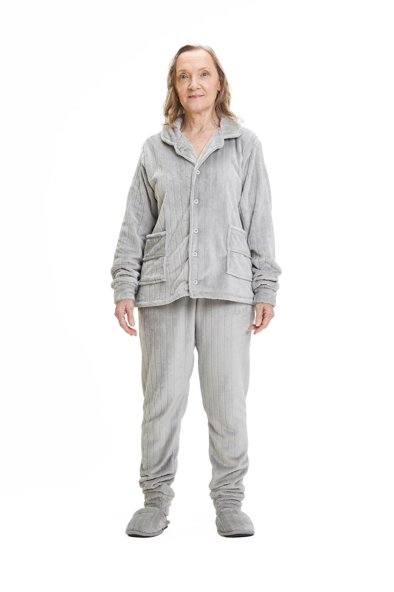 Pijama Americano Adulto em Fleece Feminino com Bolso - Canelado Cinza