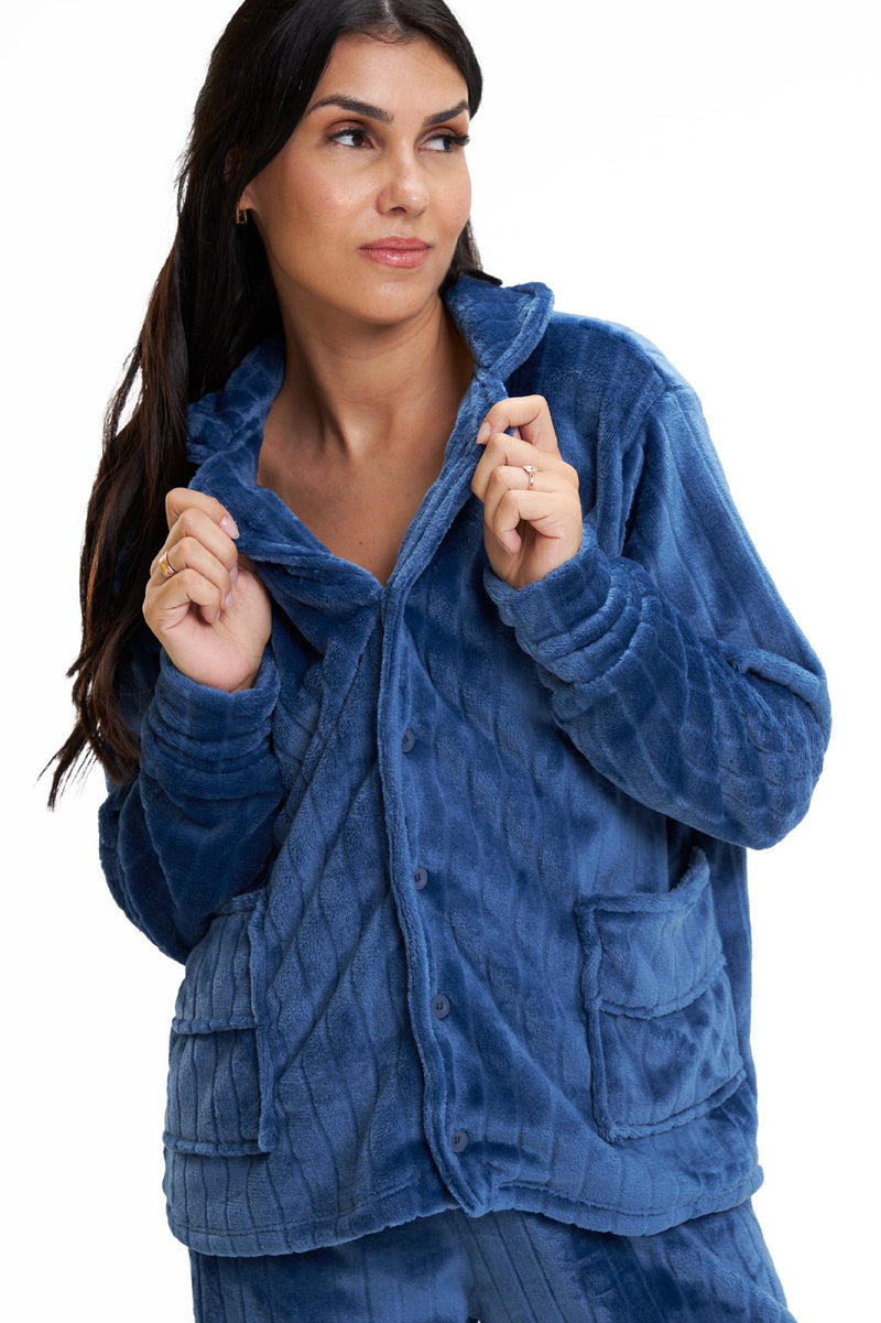 Pijama Americano Adulto em Fleece Feminino com Bolso - Canelado Azul