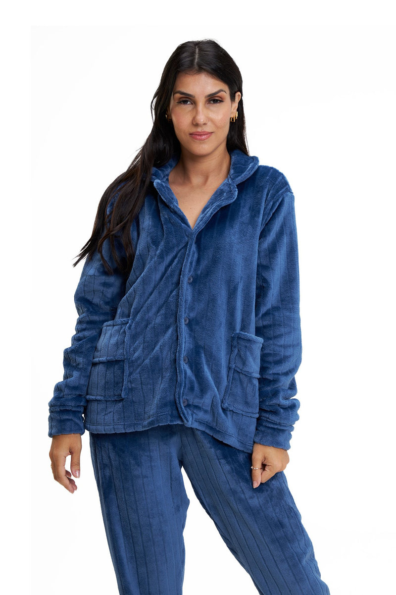 Pijama Americano Adulto em Fleece Feminino com Bolso - Canelado Azul