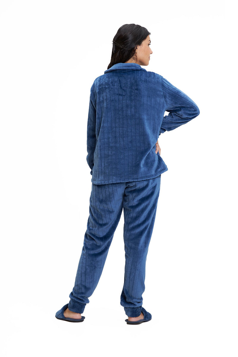 Pijama Americano Adulto em Fleece Feminino com Bolso - Canelado Azul