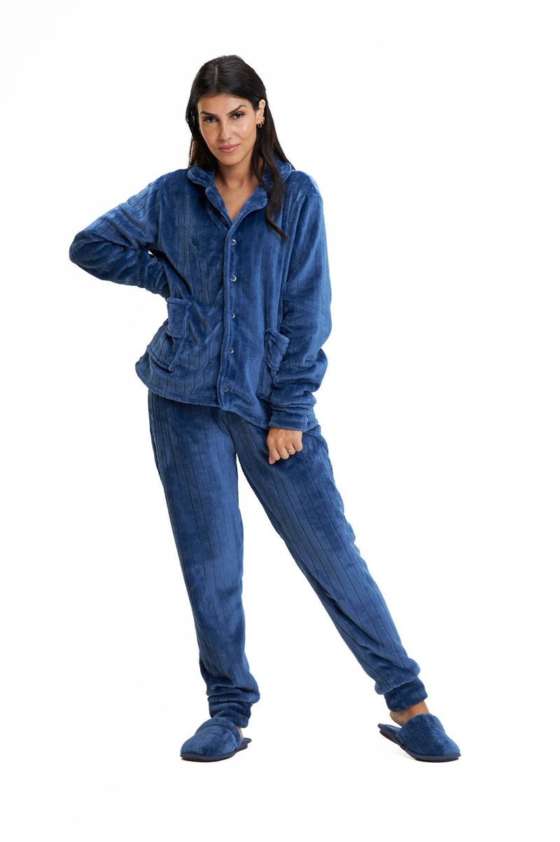 Pijama Americano Adulto em Fleece Feminino com Bolso - Canelado Azul