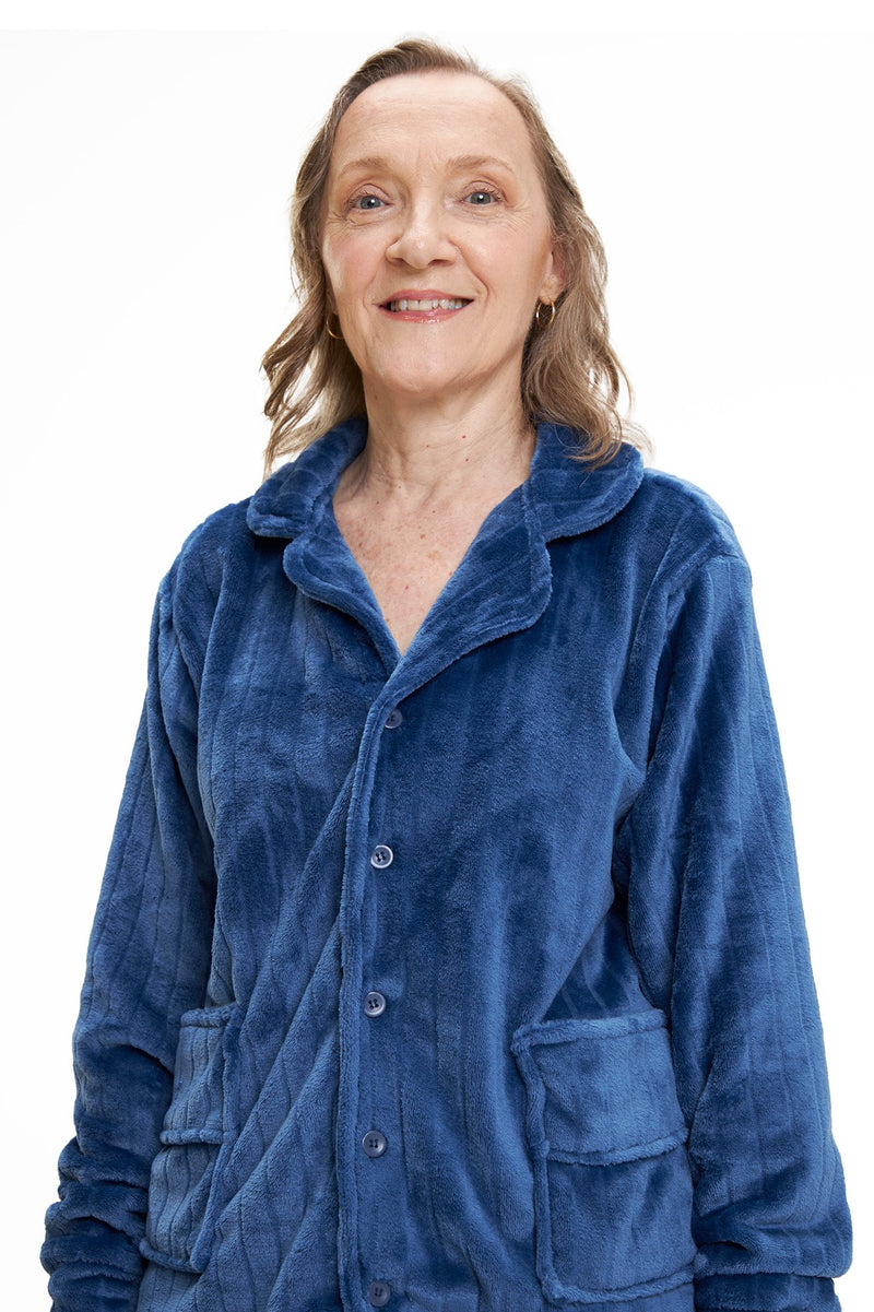 Pijama Americano Adulto em Fleece Feminino com Bolso - Canelado Azul