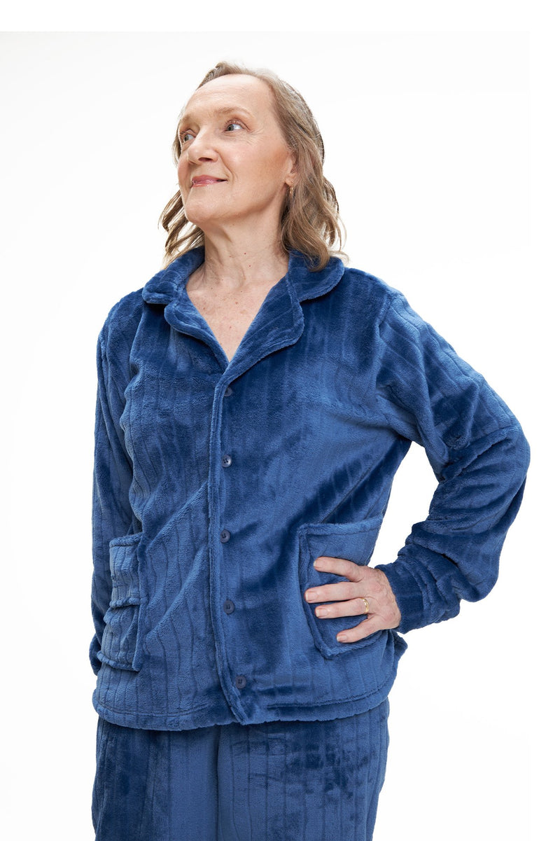 Pijama Americano Adulto em Fleece Feminino com Bolso - Canelado Azul