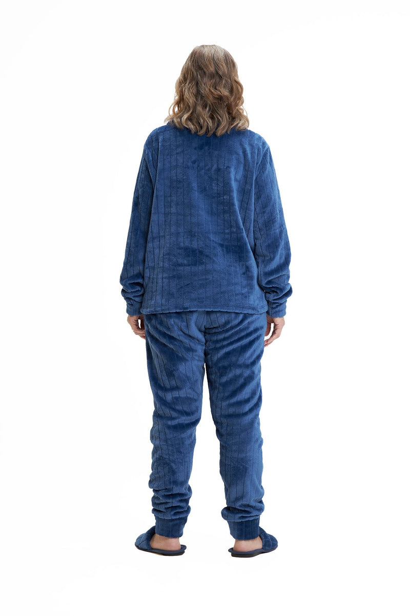 Pijama Americano Adulto em Fleece Feminino com Bolso - Canelado Azul