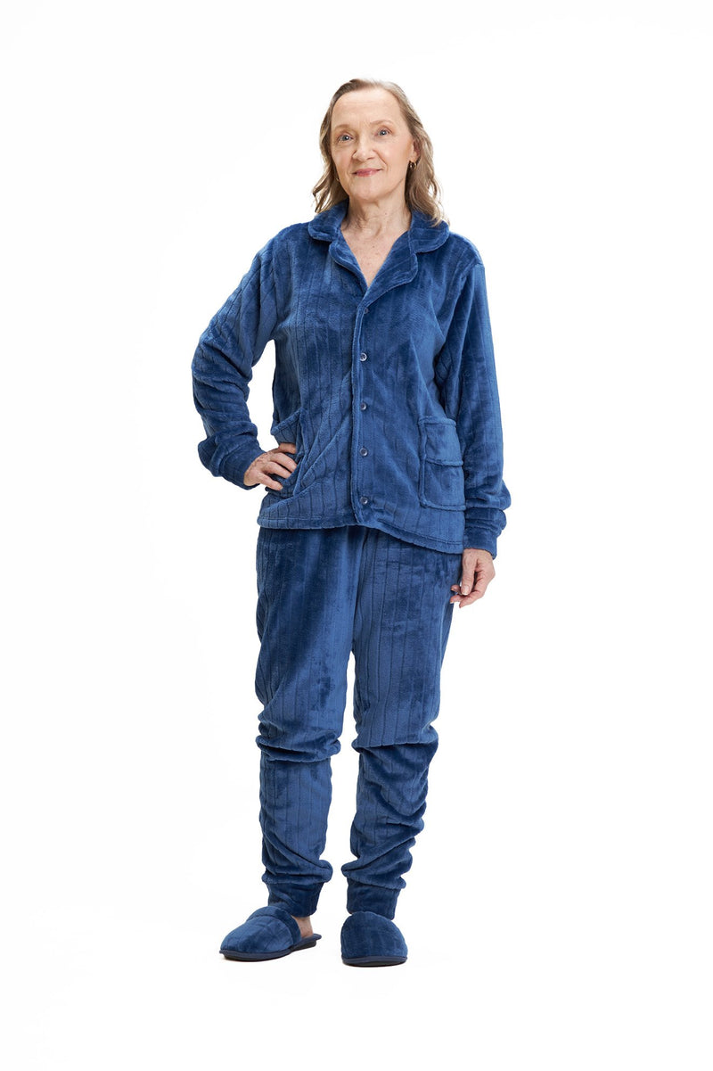 Pijama Americano Adulto em Fleece Feminino com Bolso - Canelado Azul