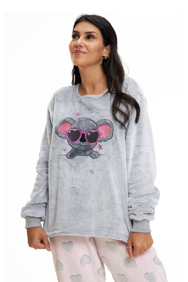 Pijama Adulto em Fleece Feminino - Coala Corações Rosa