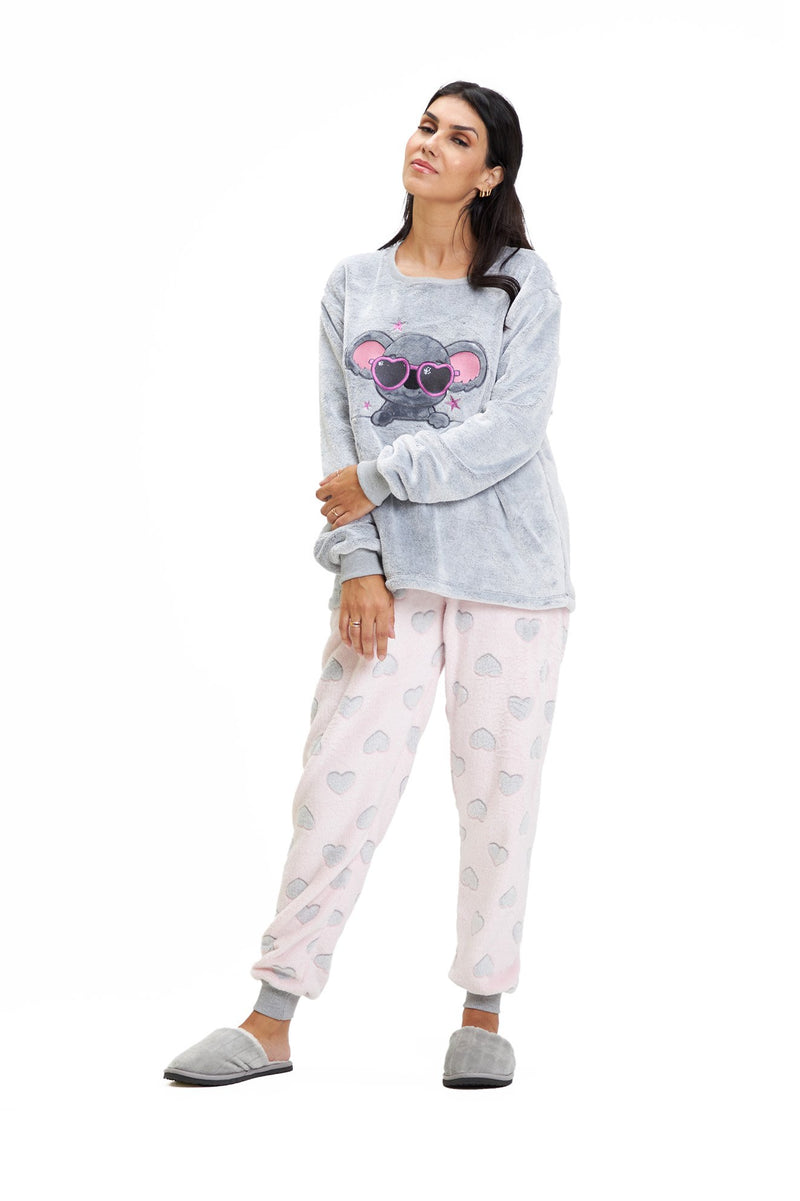 Pijama Adulto em Fleece Feminino - Coala Corações Rosa