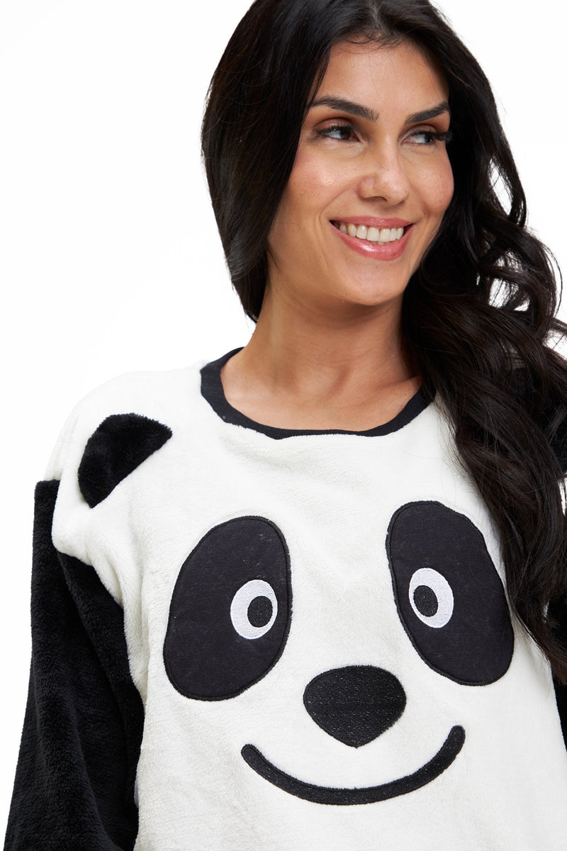 Pijama Adulto em Fleece Feminino - Panda com Orelinhas