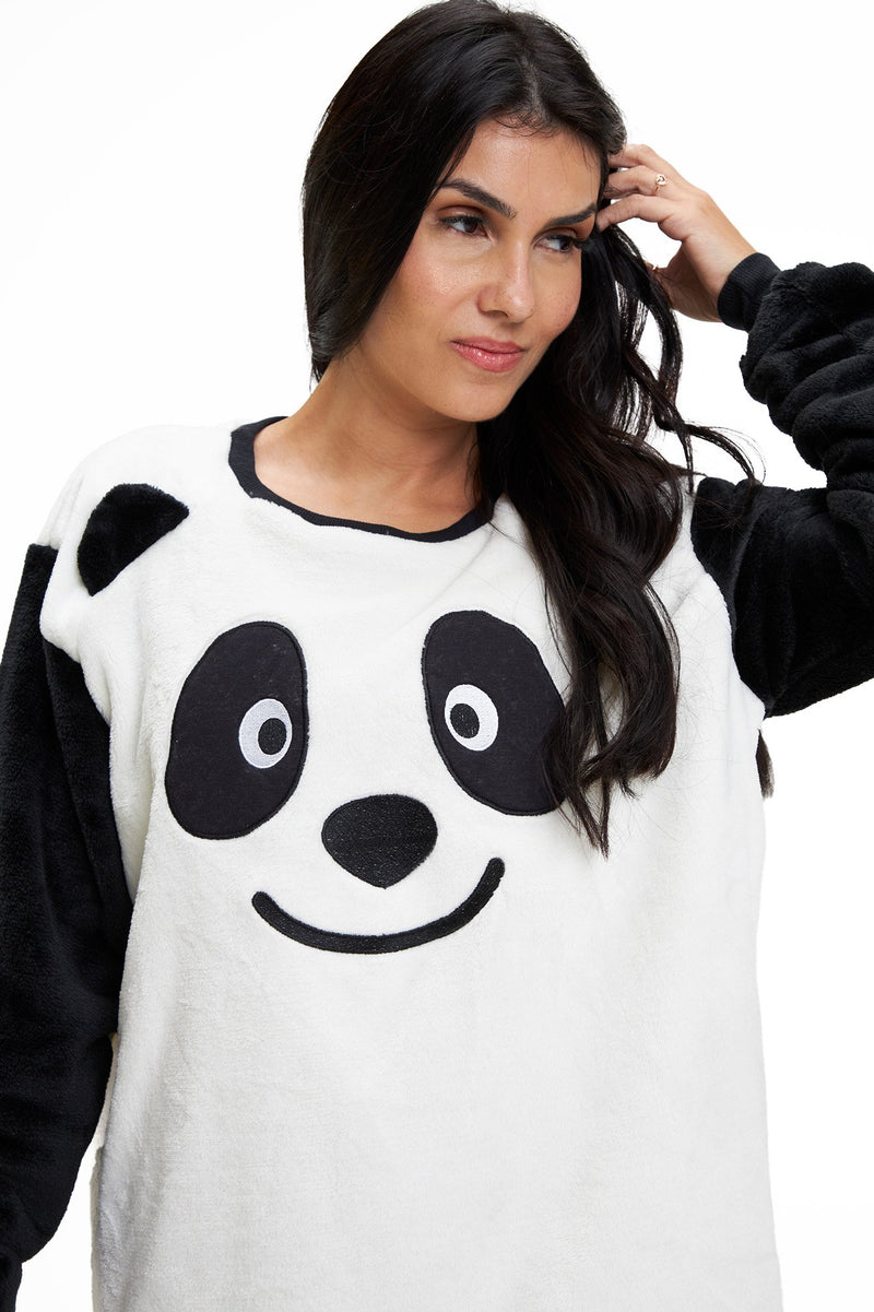 Pijama Adulto em Fleece Feminino - Panda com Orelinhas