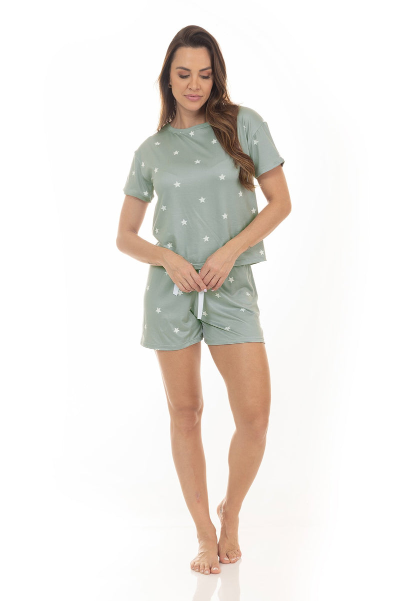 Pijama de Verão Adulto Feminino - Estrelas Verde