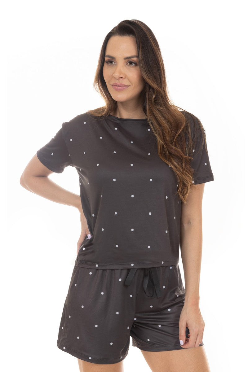 Kit Pijamas de Verão Adulto Feminino - Poá Preto (4 Peças)