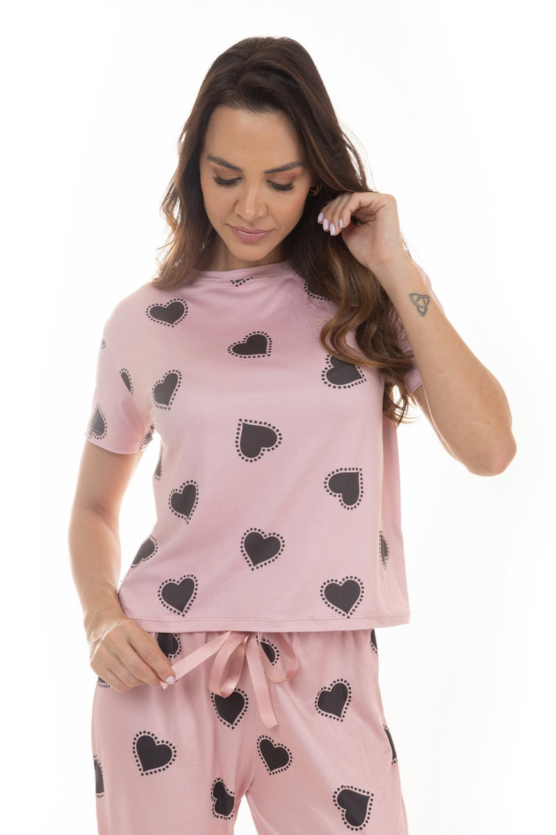 Pijama de Verão Adulto Feminino - Corações Rosê