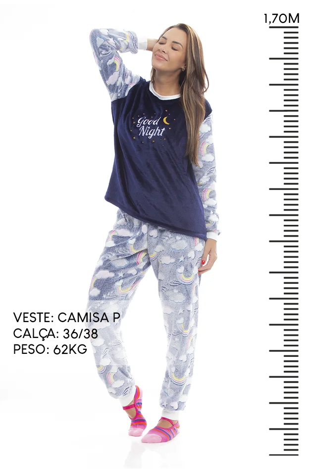 Pijama Adulto em Fleece Feminino Brilha no Escuro - Good Night Arco-Íris