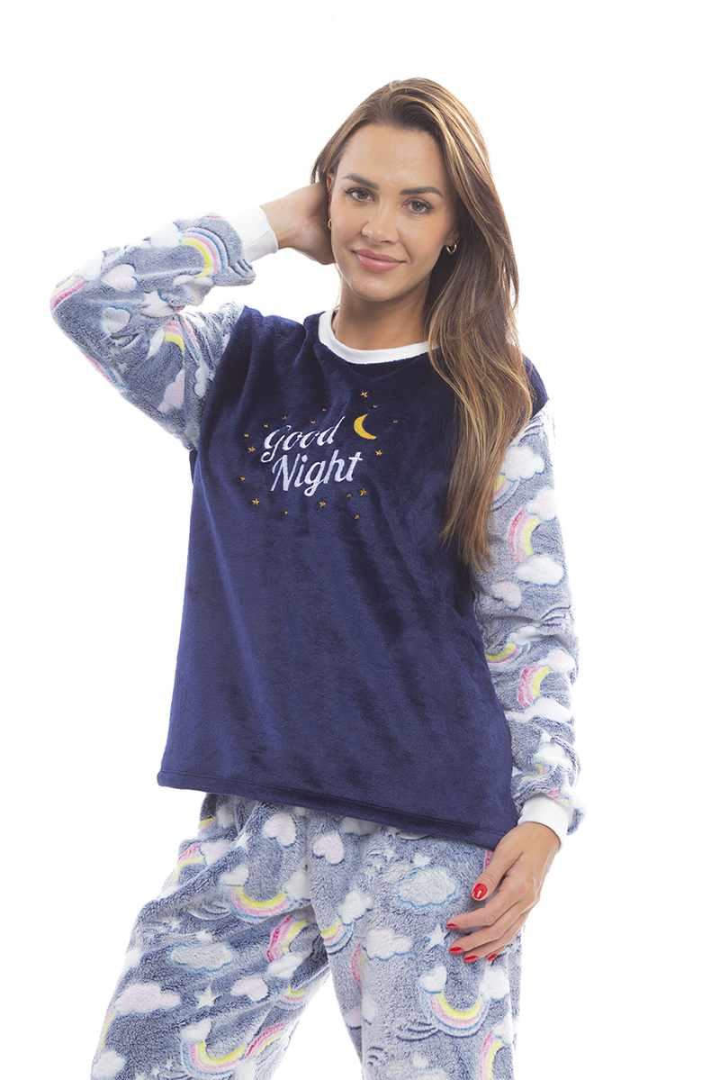 Pijama Adulto em Fleece Feminino Brilha no Escuro - Good Night Arco-Íris