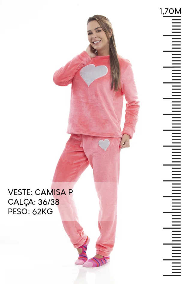 Pijama Adulto em Fleece Feminino - Coração Cinza