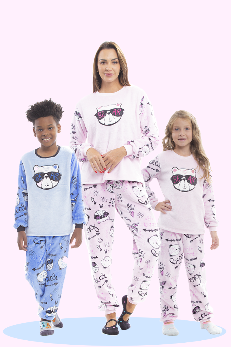 Pijama Adulto em Fleece Feminino - Ursinho Rosa