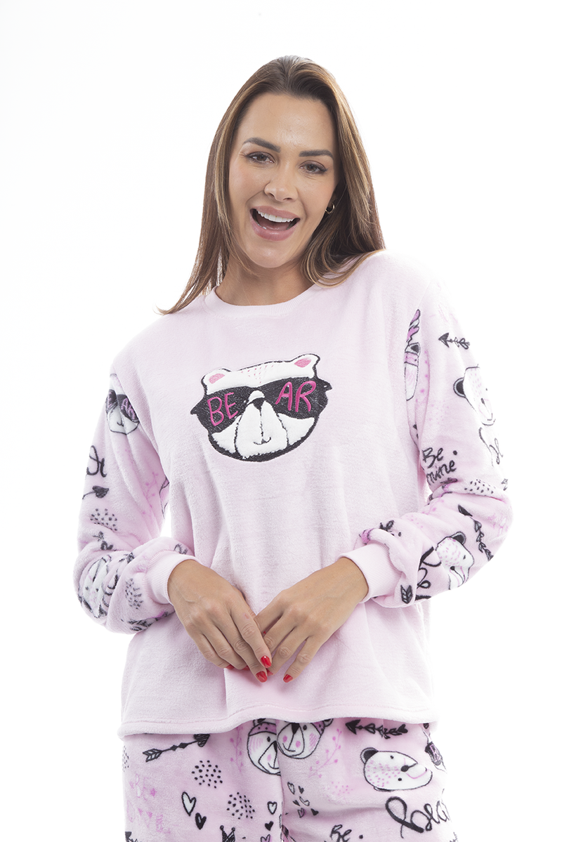 Pijama Adulto em Fleece Feminino - Ursinho Rosa