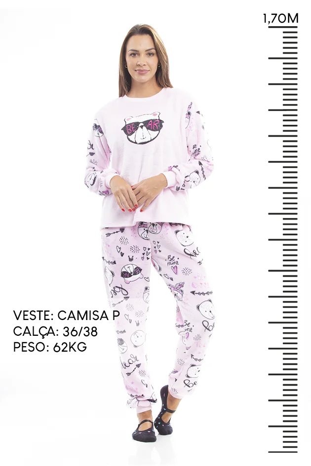 Pijama Adulto em Fleece Feminino - Ursinho Rosa