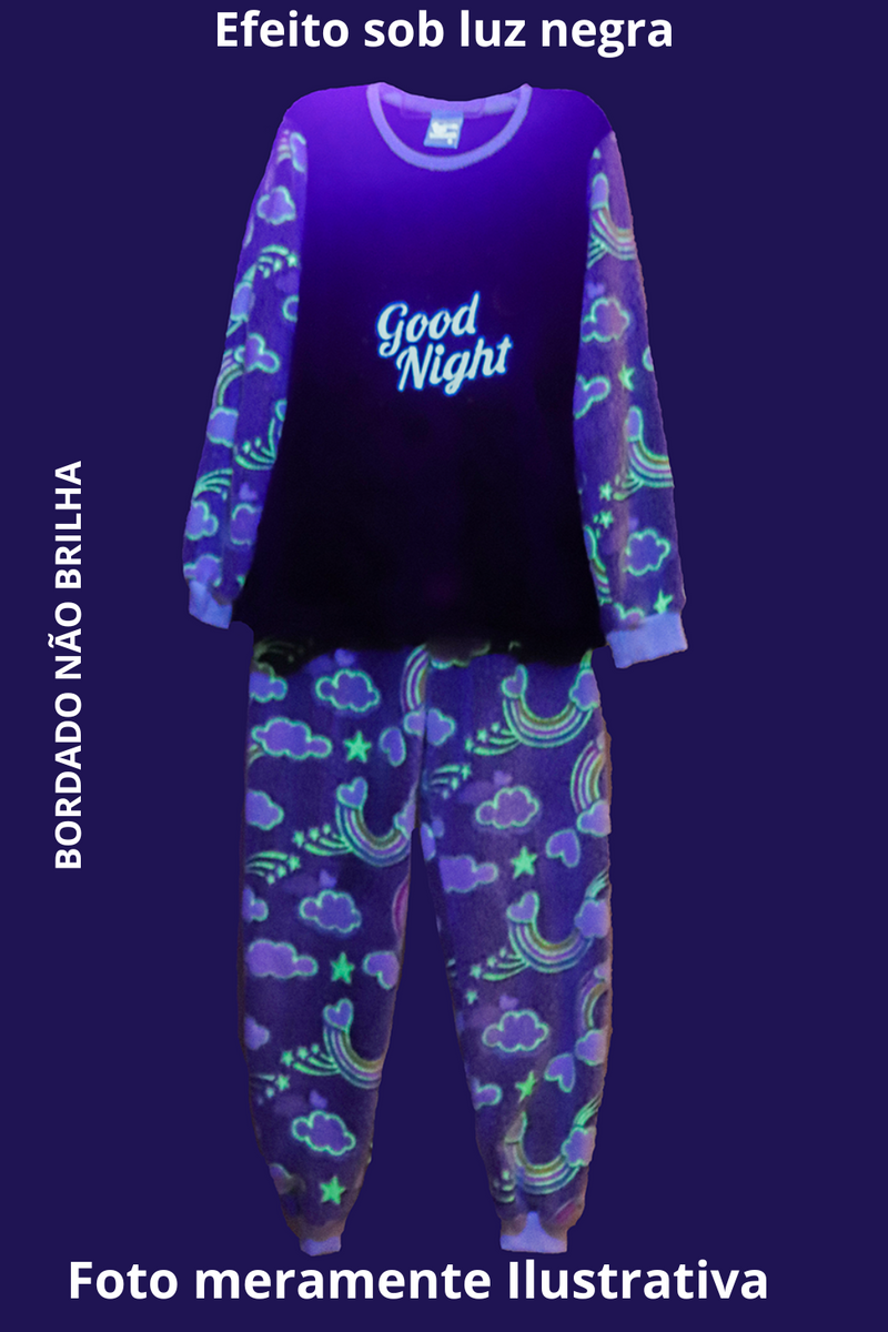 Pijama Adulto em Fleece Feminino Brilha no Escuro - Good Night Arco-Íris