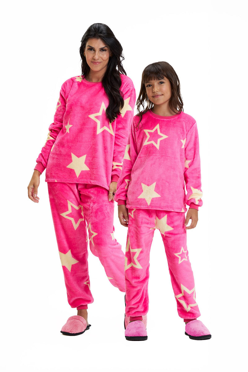 Pijama Adulto em Fleece Feminino - Estrela Rosa