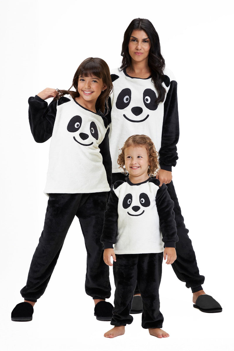 Pijama Adulto em Fleece Feminino - Panda com Orelinhas