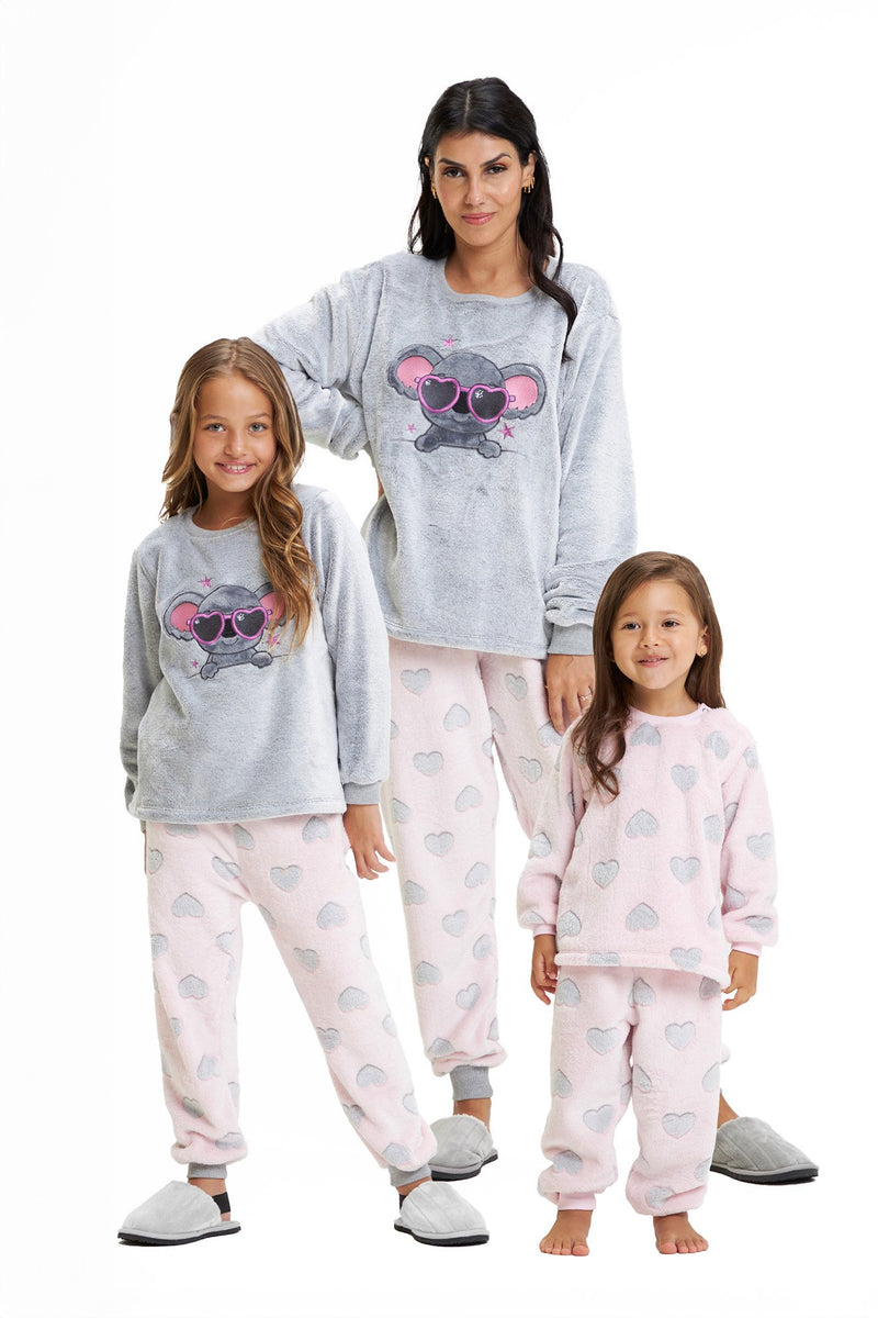 Pijama Adulto em Fleece Feminino - Coala Corações Rosa